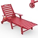 Chaise Lounge Outdoor, Lounge Chair Outdoor with Wood Texture, Adjustable 5-Position Backrest, HDPE Lounge Chair with Wheels &amp; Cup Holder for Pool Deck Backyard, Red