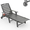 Chaise Lounge Outdoor, Lounge Chair Outdoor with Wood Texture, Adjustable 5-Position Backrest, HDPE Lounge Chair with Wheels &amp; Cup Holder for Pool Deck Backyard, Dark Grey