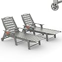 Chaise Lounge Outdoor Set of 2, Lounge Chair Outdoor with Wood Texture, Adjustable 5-Position Backrest, HDPE Lounge Chair with Wheels &amp; Cup Holder for Pool Deck Backyard, Light Grey