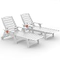 Chaise Lounge Outdoor Set of 2, Lounge Chair Outdoor with Wood Texture, Adjustable 5-Position Backrest, HDPE Lounge Chair with Wheels &amp; Cup Holder for Pool Deck Backyard, White