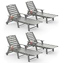 Chaise Lounge Outdoor Set of 4, Lounge Chair Outdoor with Wood Texture, Adjustable 5-Position Backrest, HDPE Lounge Chair with Wheels & Cup Holder for Pool Deck Backyard, Light Grey