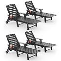 Chaise Lounge Outdoor Set of 4, Lounge Chair Outdoor with Wood Texture, Adjustable 5-Position Backrest, HDPE Lounge Chair with Wheels &amp; Cup Holder for Pool Deck Backyard, Black
