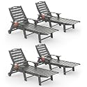 Chaise Lounge Outdoor Set of 4, Lounge Chair Outdoor with Wood Texture, Adjustable 5-Position Backrest, HDPE Lounge Chair with Wheels &amp; Cup Holder for Pool Deck Backyard, Dark Grey