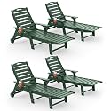 Chaise Lounge Outdoor Set of 4, Lounge Chair Outdoor with Wood Texture, Adjustable 5-Position Backrest, HDPE Lounge Chair with Wheels &amp; Cup Holder for Pool Deck Backyard, Green