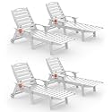 Chaise Lounge Outdoor Set of 4, Lounge Chair Outdoor with Wood Texture, Adjustable 5-Position Backrest, HDPE Lounge Chair with Wheels &amp; Cup Holder for Pool Deck Backyard, White