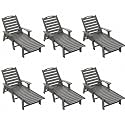 Chaise Lounge Outdoor Set of 6, Lounge Chair Outdoor with Wood Texture, Adjustable 5-Position Backrest, HDPE Lounge Chair with Wheels &amp; Cup Holder for Pool Deck Backyard, Dark Grey