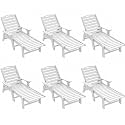 Chaise Lounge Outdoor Set of 6, Lounge Chair Outdoor with Wood Texture, Adjustable 5-Position Backrest, HDPE Lounge Chair with Wheels &amp; Cup Holder for Pool Deck Backyard, White