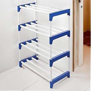 pulgos shoe rack with shelf  shoe stand for 12 pairs  4-layer chappal amp slipper stand for home  portable foldable footwear rack  plastic shoe organizer for home  blue