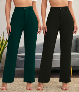 chalodia women regular fit black dark green cotton blend trousers