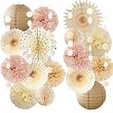 Dusty Pink Boho Fall Party Decorations Pink and Beige Birthday Baby Shower Decorations Paper Fans Paper Pom Poms Lanterns for Women Girl Rustic Bachelorette Wedding Decor