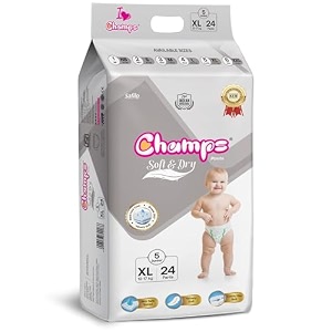 champs soft amp dry pant style baby diapers - size xl 24 pants 12-17 kg  super absorbent core 12-hour leak protection  soft breathable rash-free baby diapers