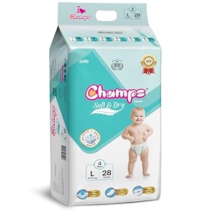 champs soft amp dry pant style baby diapers - size l 28 pants  9-14 kg  super absorbent core 12-hour leak protection  soft breathable rash-free baby diapers