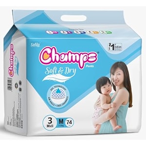 champs soft amp dry pant style baby diapers - medium size 74 pcs  7-12 kg  high absorb core upto 12 hrs leakage protection  breathable soft and dry  anti-rash and anti-bacterial pants for babies