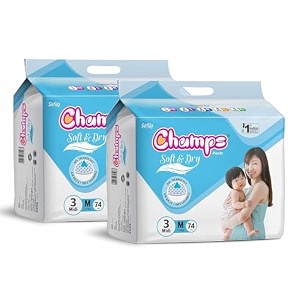 champs soft amp dry pant style baby diapers - size m 32 pants  7-12 kg  super absorbent core 12-hour leak protection  soft breathable rash-free baby diapers