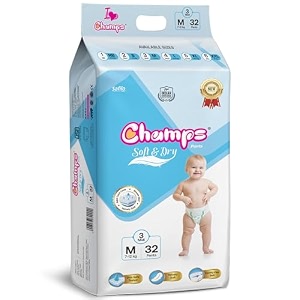 champs soft amp dry pant style baby diapers - size m 32 pants  7-12 kg  super absorbent core 12-hour leak protection  soft breathable rash-free baby diapers