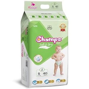 champs soft amp dry pant style baby diapers - size s 40 pants  4-8kg  super absorbent core 12-hour leak protection  soft breathable rash-free baby diapers
