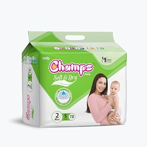 champs soft amp dry pant style baby diapers - small size 78 pcs  4-8kg  high absorb core upto 12 hrs leakage protection  breathable soft and dry  anti-rash and anti-bacterial pants for babies