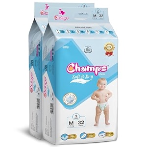 champs soft amp dry pant style baby diapers - size m 32 pants  7-12 kg  super absorbent core 12-hour leak protection  soft breathable rash-free baby diapers