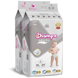 champs soft amp dry pant style baby diapers - size xl 24 pants 12-17 kg  super absorbent core 12-hour leak protection  soft breathable rash-free baby diapers