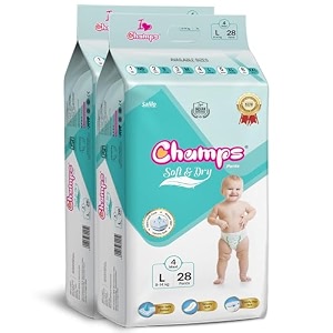 champs soft amp dry pant style baby diapers - size l 28 pants  9-14 kg  super absorbent core 12-hour leak protection  soft breathable rash-free baby diapers
