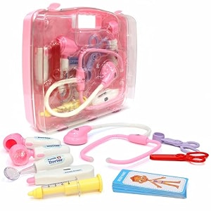 chanak premium doctor briefcase for kids with led light instruments - pretend play set for above 3 years - 9 piece kit for boys amp girls transparent pink