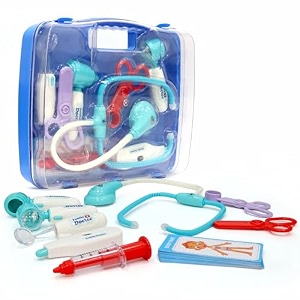 chanak premium doctor set briefcase for kids with led light instruments - pretend play kit for boys amp girls above 3 years - 9 piece set transparent blue