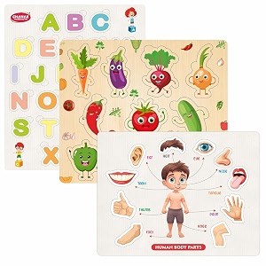 chanak wooden educational montessori learning puzzle game combo abcd board wooden vegetable block puzzle human body parts puzzle picture 10 pcs for boys amp girls toddlers amp preschoolers aged 2