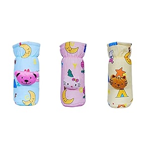 the cheeky kidzz stretchable soft velvet plush attractive overall cartoon prints baby feeding bottle cover with holding strap suitable for 150ml 220ml 240ml 250ml feeding bottlespack of 3bluepinkyellow
