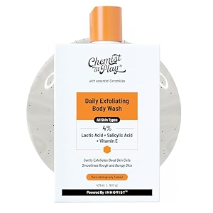 chemist at play exfoliating body wash 473ml  detans fights body acne strawberry skin  4 salicylic acid vitamin e amp lactic acid  non-drying  gentle exfoliating shower gel  for men amp women
