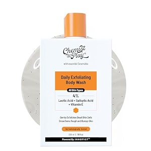 chemist at play exfoliating body wash 236ml  detans fights body acne strawberry skin  4 salicylic acid vitamin e amp lactic acid  non-drying  gentle exfoliating shower gel  for men amp women