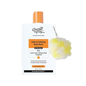 chemist at play exfoliating body wash 236ml  removes tan fights body acne strawberry skin  4 salicylic acid vitamin e amp lactic acid  gentle exfoliating shower gel for women amp men  loofah