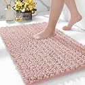 Chenille Bathroom Rugs 24x17 Absorbent Soft Non Slip, Pink