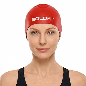 boldfit silicone swimming cap for men women amp kids - easy fit long hair - red