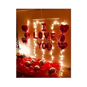 cherishxcom happy anniversary romantic surprise decoration kit with heart shaped foil balloons led lights balloon letters and balloon pump - romantic decoration combo 54 pc red
