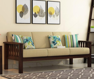 cherry wood sheesam fabric 3 seater  sofa finish color - walnut finish irish cream upholstery diydo-it-yourself