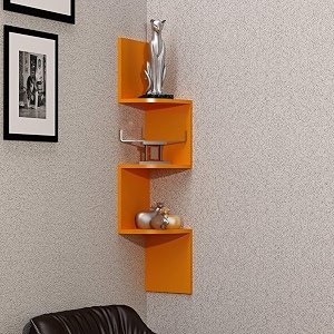 cherry wood wooden 3 curved zigzag corner wall mount shelf unit home decorative furniture for home orange