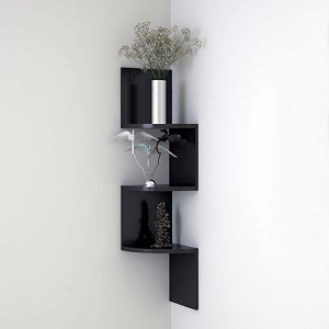 cherry wood wooden 3 curved zigzag corner wall mount shelf unit for home  home decorative furniture for home black