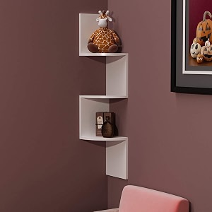 cherry wood wooden 3 curved zigzag corner wall mount shelf unit home decorative furniture for home white