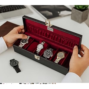 black pearl with steel finish and contrast threadstitch  transparent lid  6 slot watch box organizer 12 slots