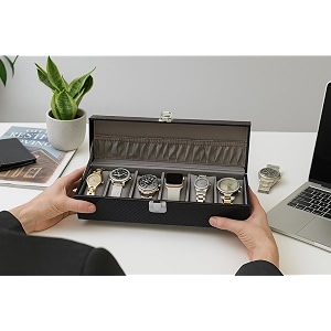 black pearl with steel finish and contrast threadstitch  transparent lid  6 slot watch box organizer black grey band
