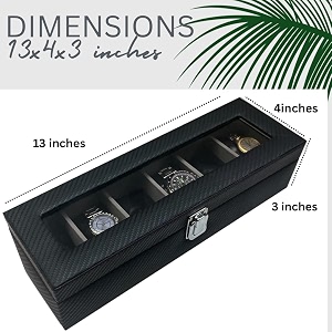 black pearl with steel finish and contrast threadstitch  transparent lid  6 slot watch box organizer grey black