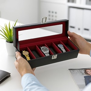 black pearl with steel finish and contrast threadstitch  transparent lid  6 slot watch box organizer wine black