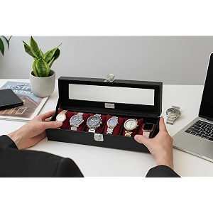 black pearl with steel finish and contrast threadstitch  transparent lid  6 slot watch box organizer black black