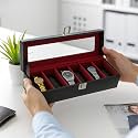 “Black Pearl with Steel Finish and Contrast Threadstitch | Transparent Lid | 6 Slot Watch Box Organizer (Wine Black)