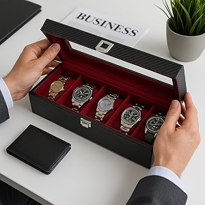 black pearl wine with gold finish and contrast white thread top stitch and transparent lid6 slot watch boxwatch organizer