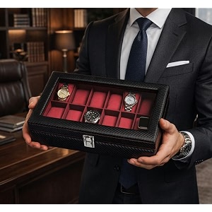 faux leather 34black pearl with steel finish and contrast threadstitch  transparent lid  6 slot watch box organizer black pearl 2
