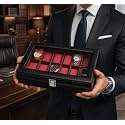 Faux Leather "Black Pearl with Steel Finish and Contrast Threadstitch | Transparent Lid | 6 Slot Watch Box Organizer (Black Pearl 2)
