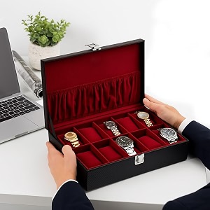 watch storage organizer case box for men ampwomen  made in leatherette amp suede  crafted in contrast stitch  medium wine pleats