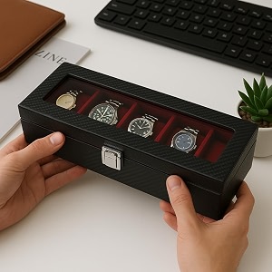 watch storage organizer case box  made in leatherette amp suede  contrast stitch 