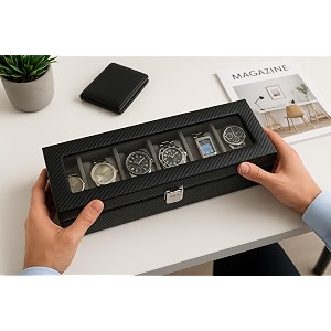 watch storage organizer case box for men ampwomen  made in leatherette amp suede  crafted in contrast stitch  small grey-6w